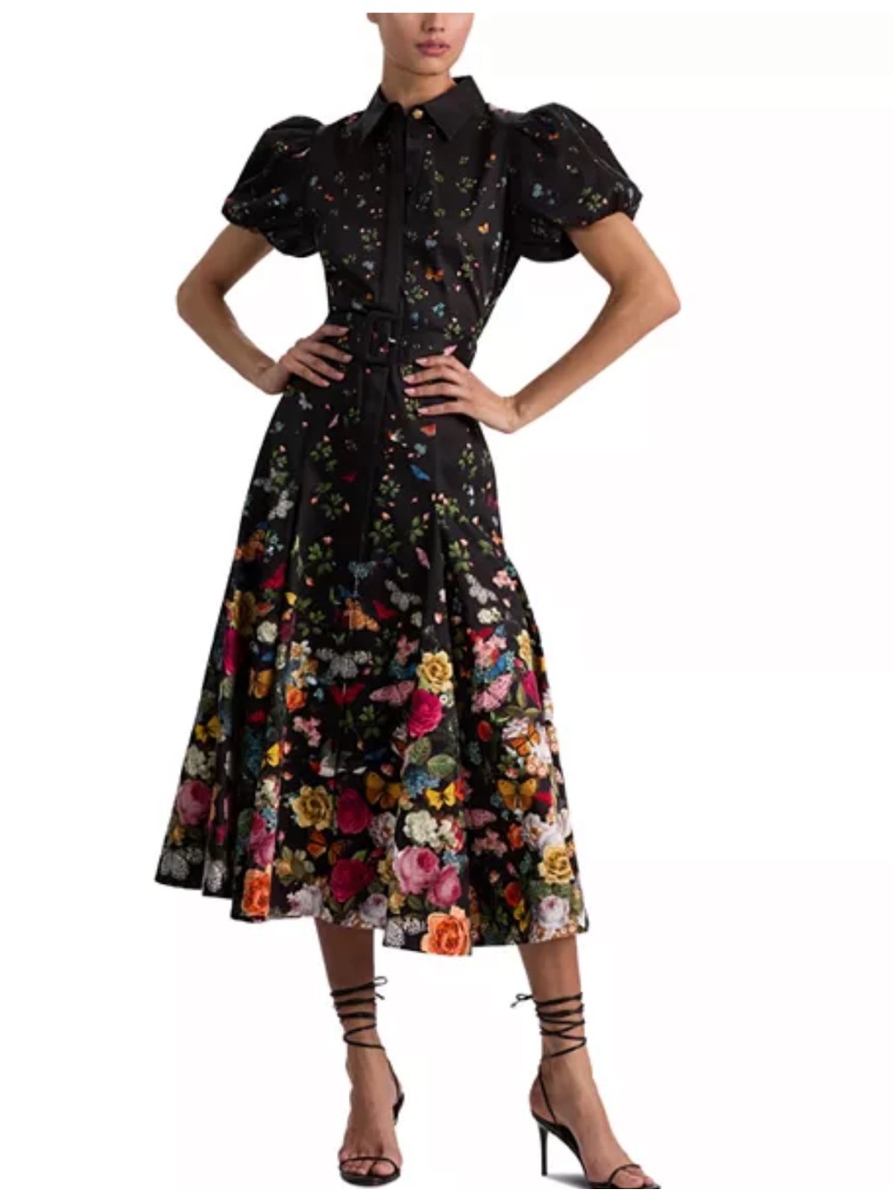 Alice + Olivia Black Floral Belted Puff-Sleeve Midi Dress